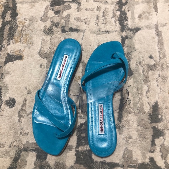 New Manolo Blahnik Blue Teal Susina Crisscross Toe-Strap Flat Sandals Size 37 - Picture 7 of 12